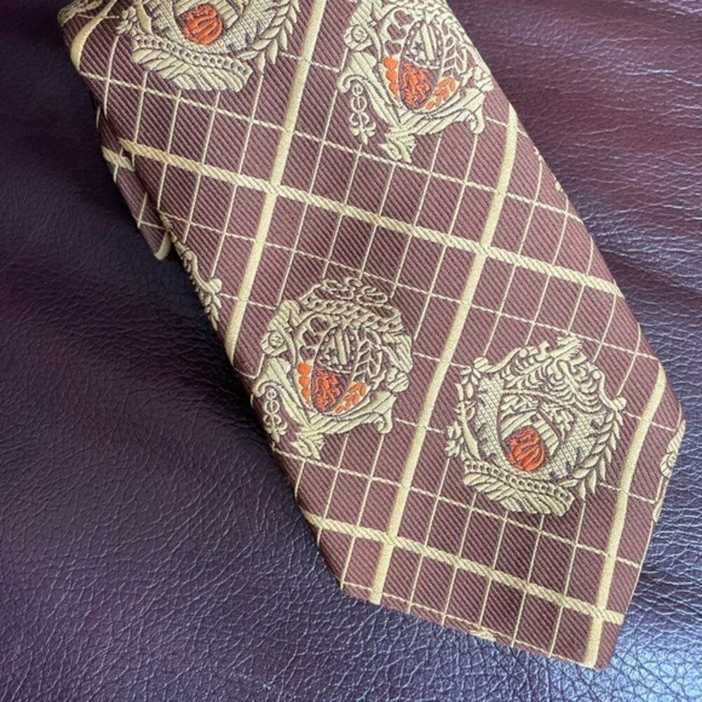 Wembley Vintage Mens Tie‎ Brown Gold Crest Lattice Woven Academic Traditional 4"